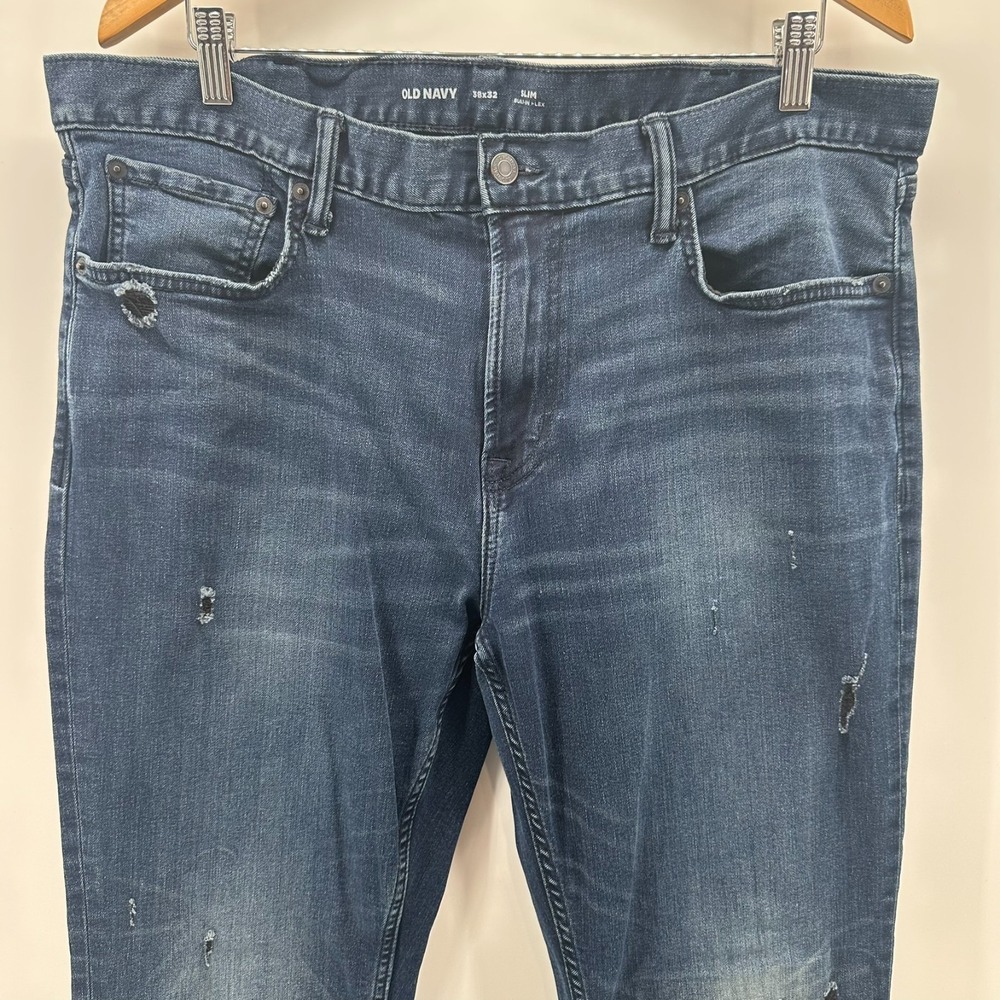 Old Navy Jeans Mens 38x32 Blue Distressed Denim Built-In Flex Mid Rise Slim Fit